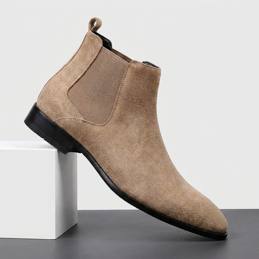 Beige suede Chelsea boot with elastic side panel, rear pull tab, smooth pointed toe, and low stacked heel.