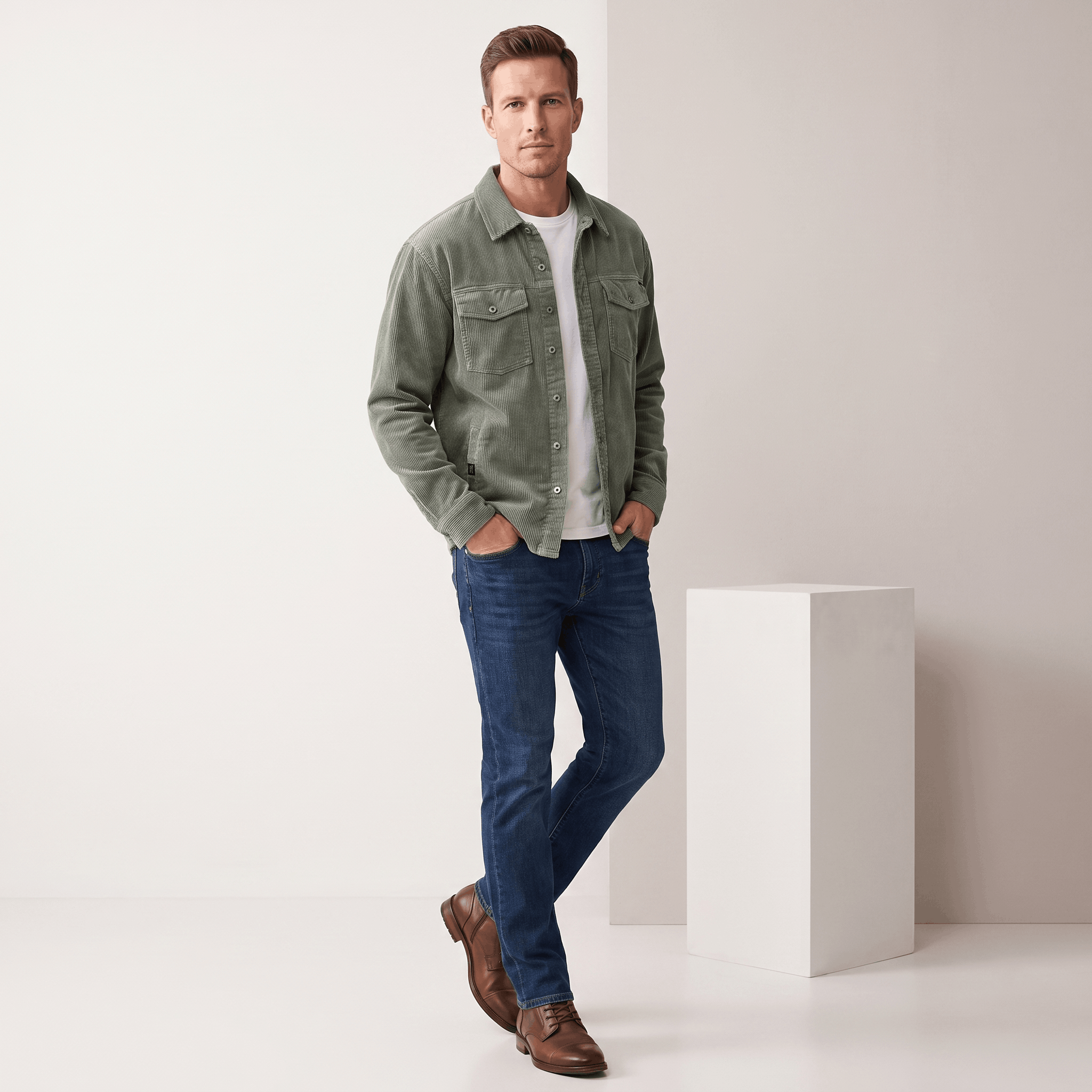 Olive green washed corduroy shirt jacket with four pockets, worn over a white tee and blue jeans in a relaxed fit.
