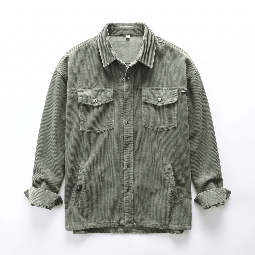 Olive green corduroy shirt jacket with a relaxed fit, button-front placket, and four functional utility pockets.