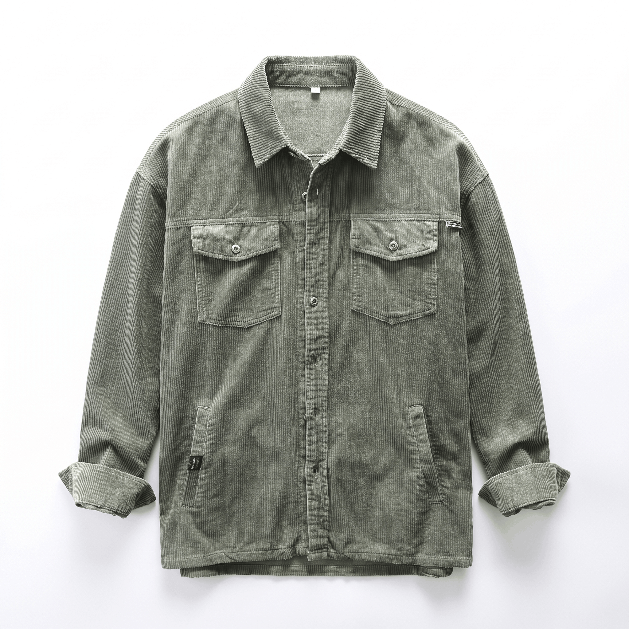 Olive green corduroy shirt jacket with a relaxed fit, button-front placket, and four functional utility pockets.