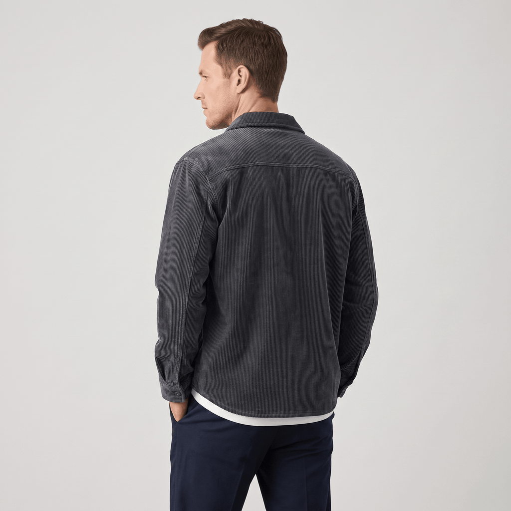 Charcoal grey corduroy shirt jacket in a relaxed fit, featuring a soft washed texture and a classic back yoke design.