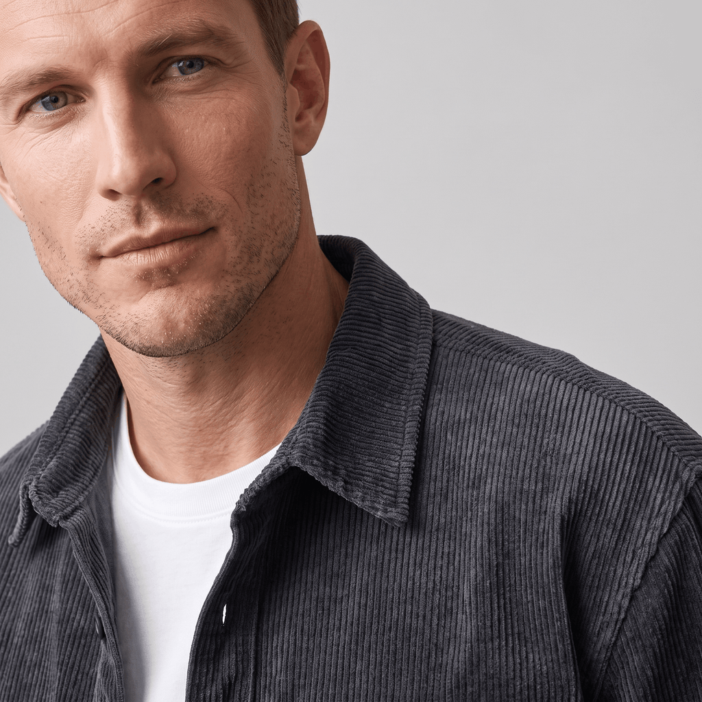Charcoal grey corduroy shirt jacket with a soft, washed texture layered over a simple white crewneck tee.