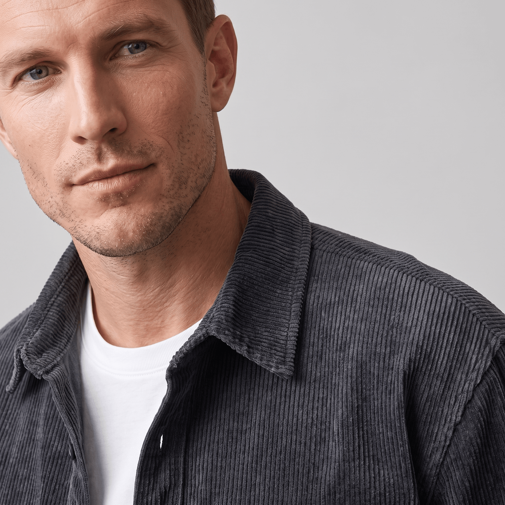 Charcoal grey corduroy shirt jacket with a soft, washed texture layered over a simple white crewneck tee.