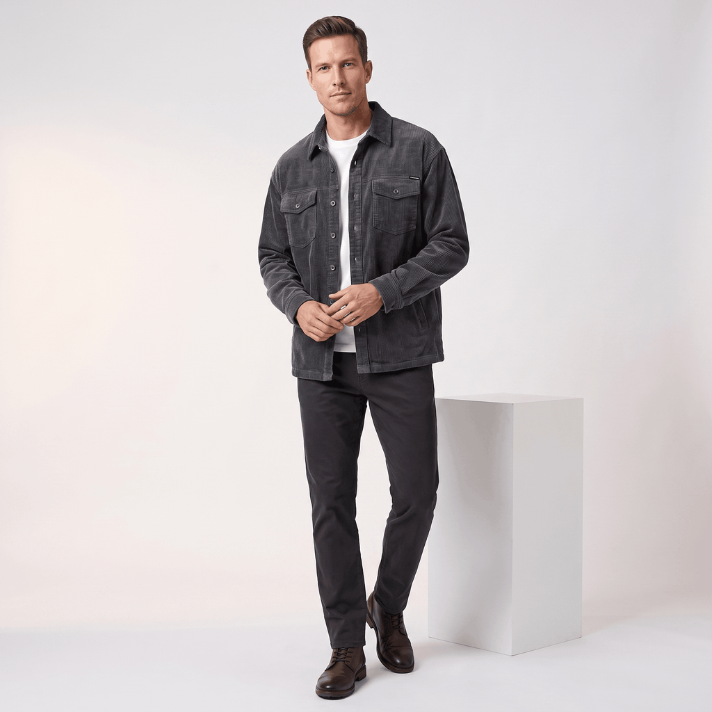 Charcoal grey corduroy shirt jacket with four pockets and antiqued buttons, worn over a white tee in a relaxed fit.