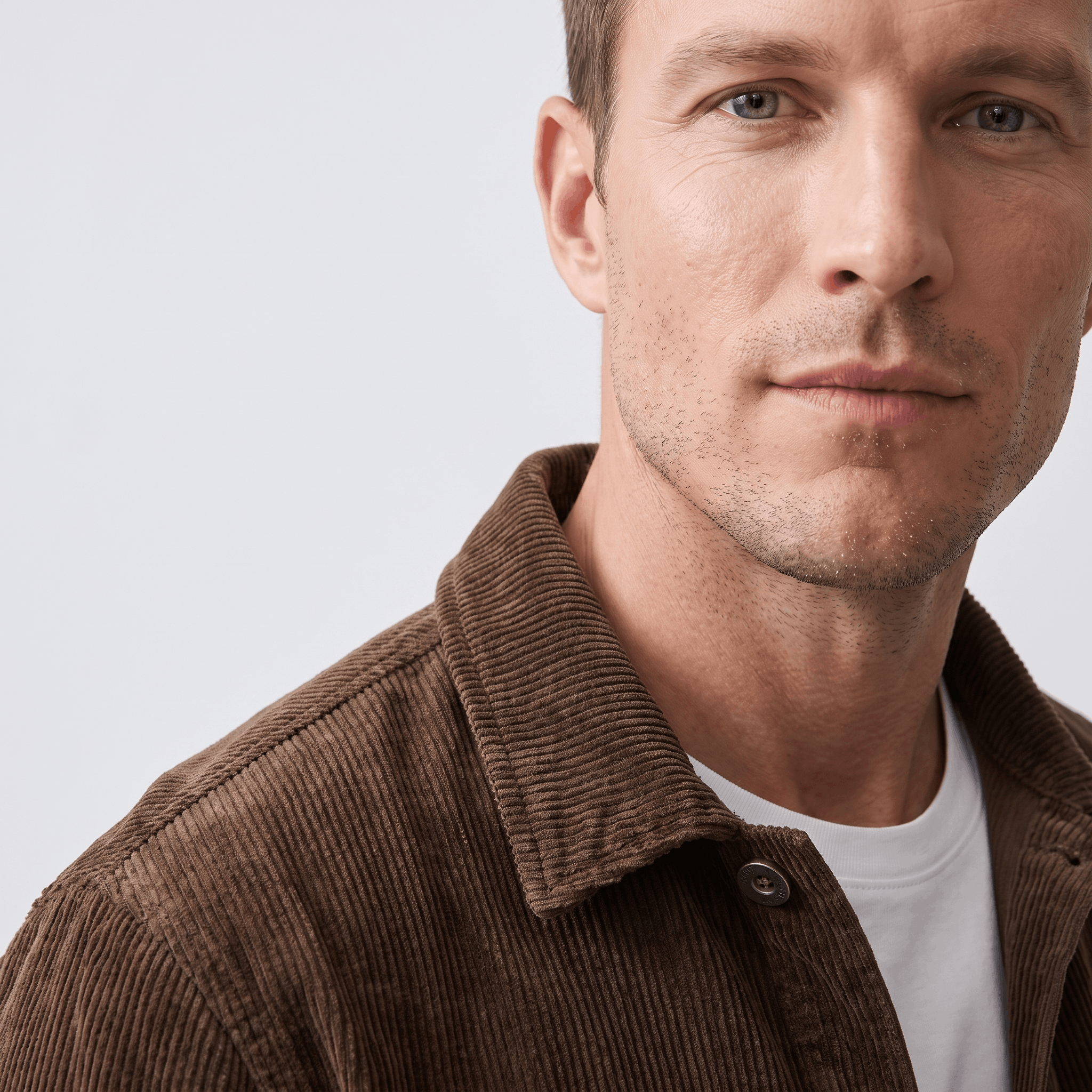 Brown washed corduroy shirt jacket with a relaxed fit, featuring a button-front placket worn over a white crewneck tee.