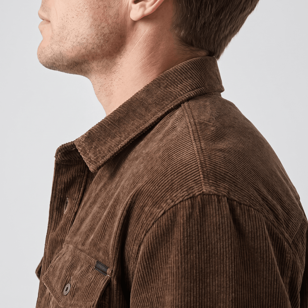 Brown washed corduroy shirt jacket featuring a soft, textured wale, classic collar, and buttoned chest pocket detail.