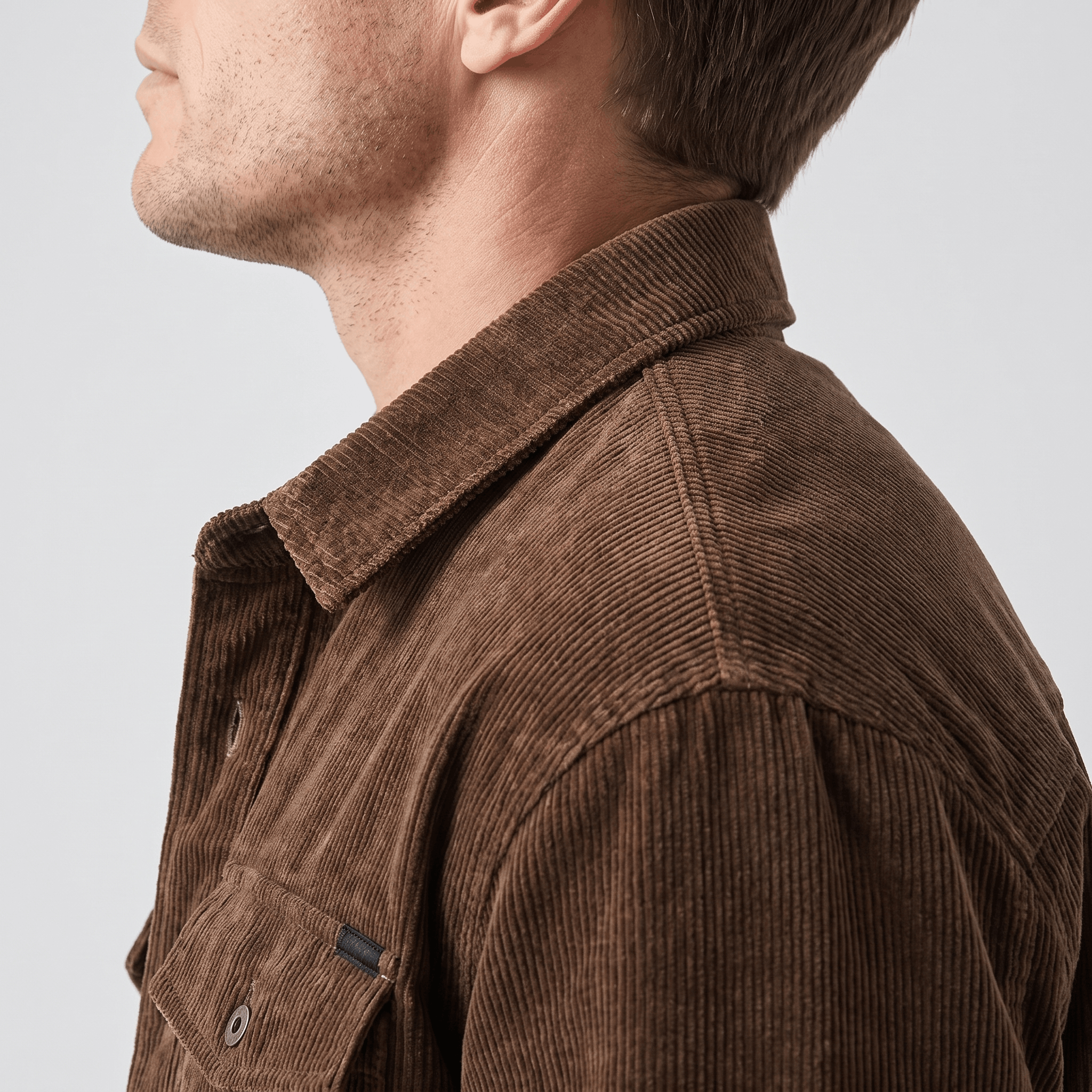 Brown washed corduroy shirt jacket featuring a soft, textured wale, classic collar, and buttoned chest pocket detail.