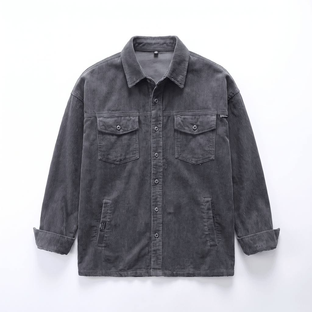 Charcoal grey corduroy shirt jacket with a relaxed fit, button-front placket, two chest flap pockets, and side hand pockets.