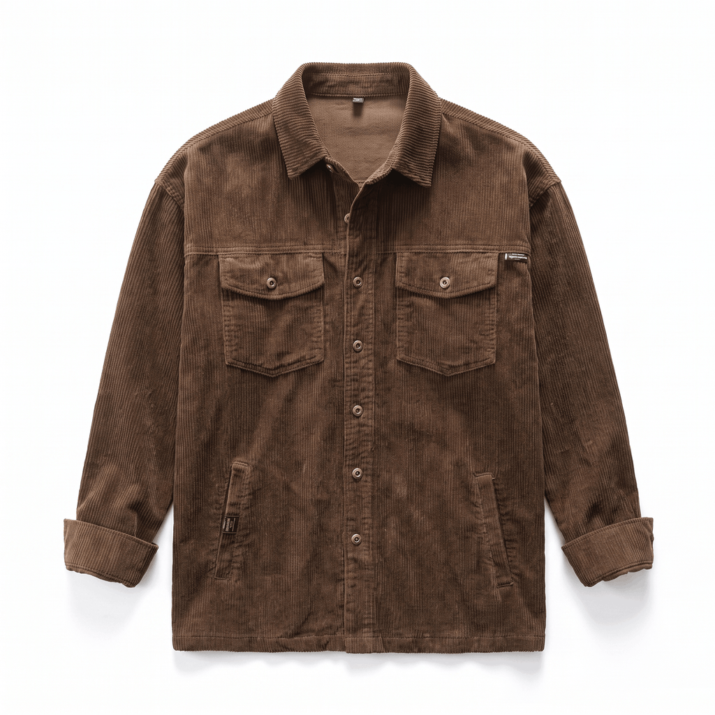 Relaxed brown corduroy shirt jacket with four pockets, antiqued button front, and a soft, washed finish.