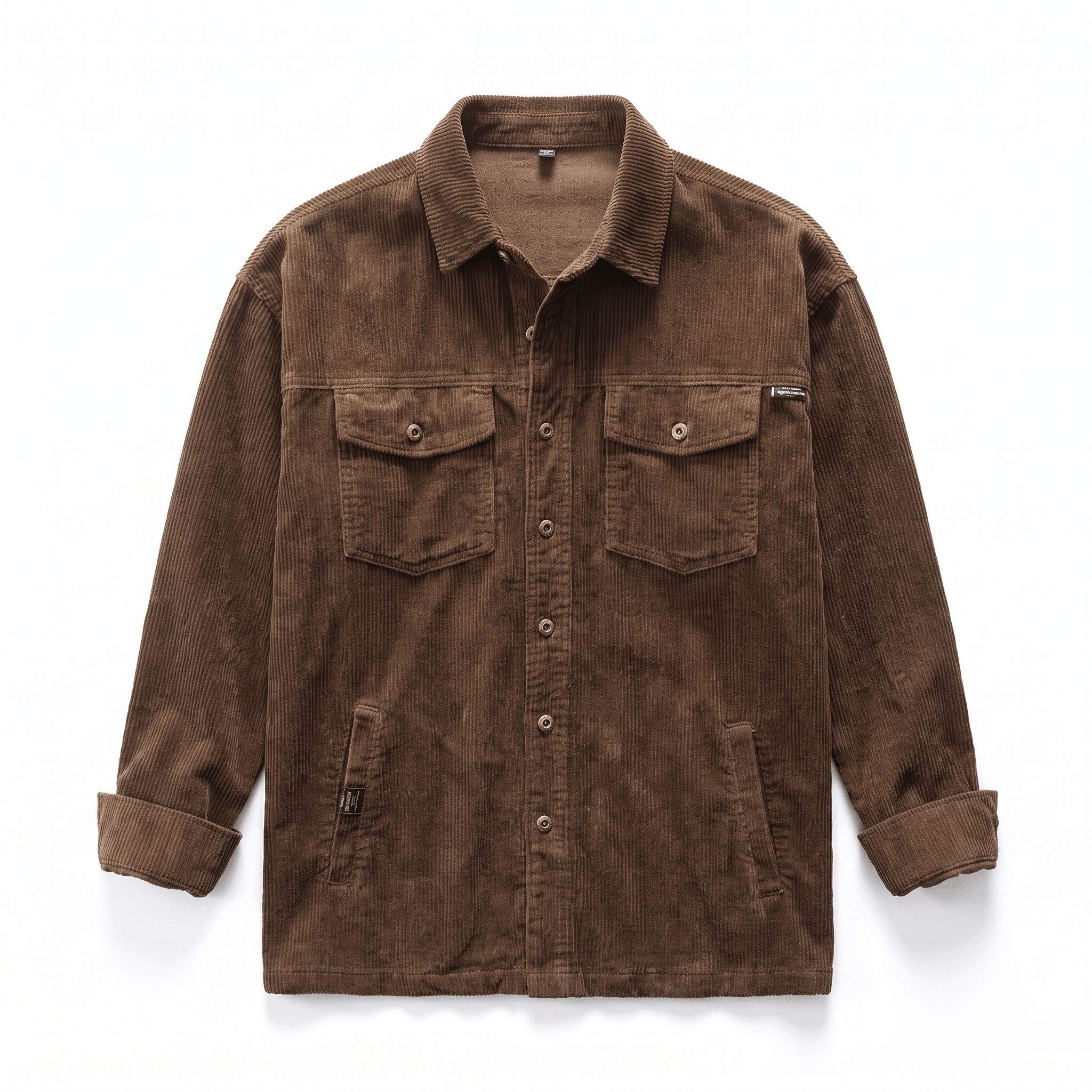 Relaxed brown corduroy shirt jacket with four pockets, antiqued button front, and a soft, washed finish.