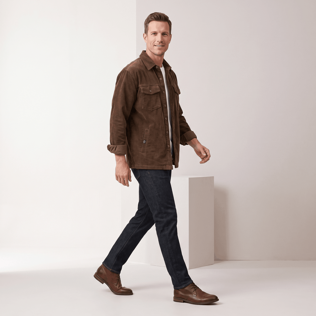 Brown washed corduroy shirt jacket with four pockets and button-front closure, worn over a white tee and dark jeans.