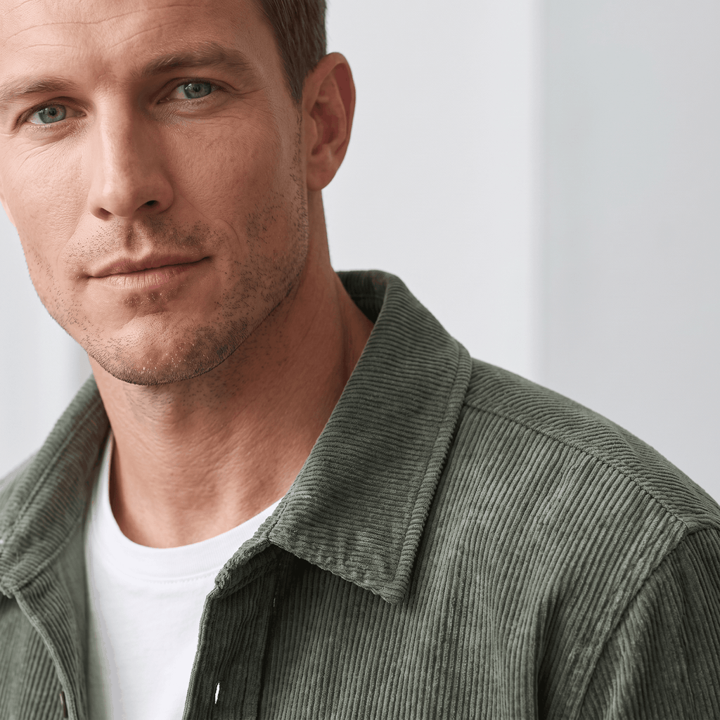 Olive green washed corduroy shirt jacket with a relaxed fit worn over a white crewneck tee.