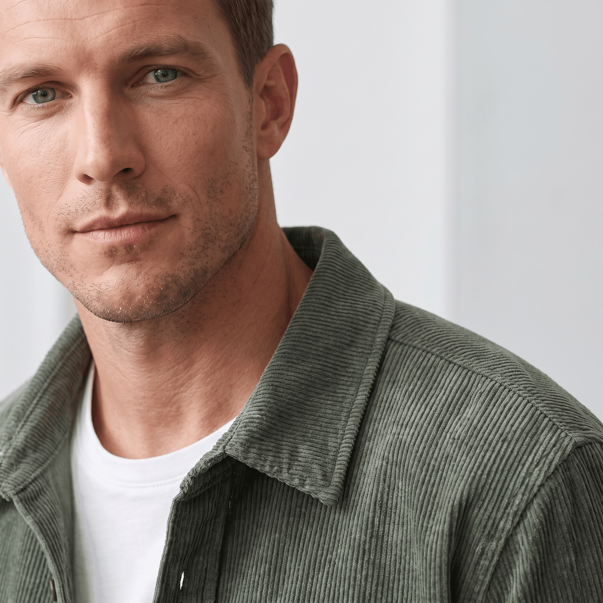 Olive green washed corduroy shirt jacket with a relaxed fit worn over a white crewneck tee.
