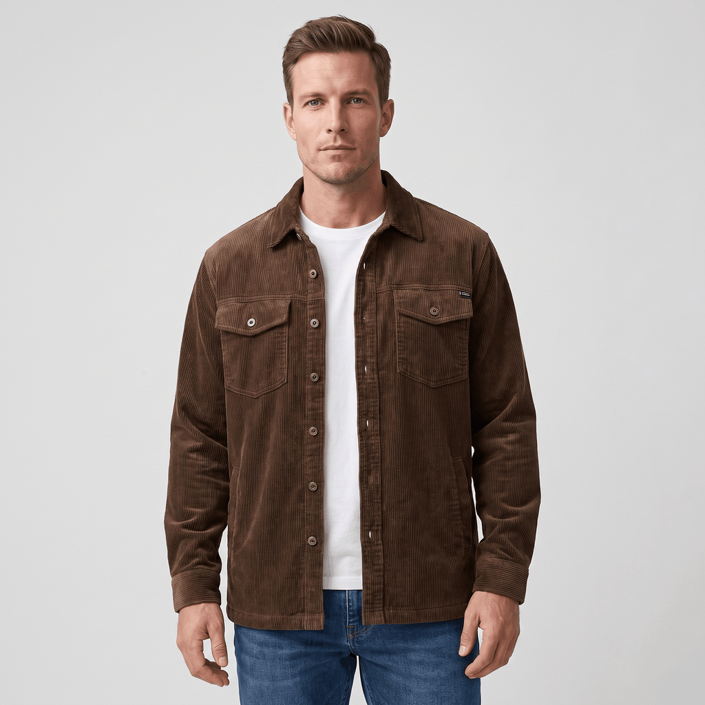 Brown corduroy shirt jacket with four pockets and antiqued buttons, worn over a white tee in a relaxed fit.