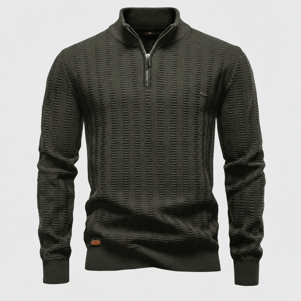 Dark olive green textured half-zip sweater displayed on its own against a light background.