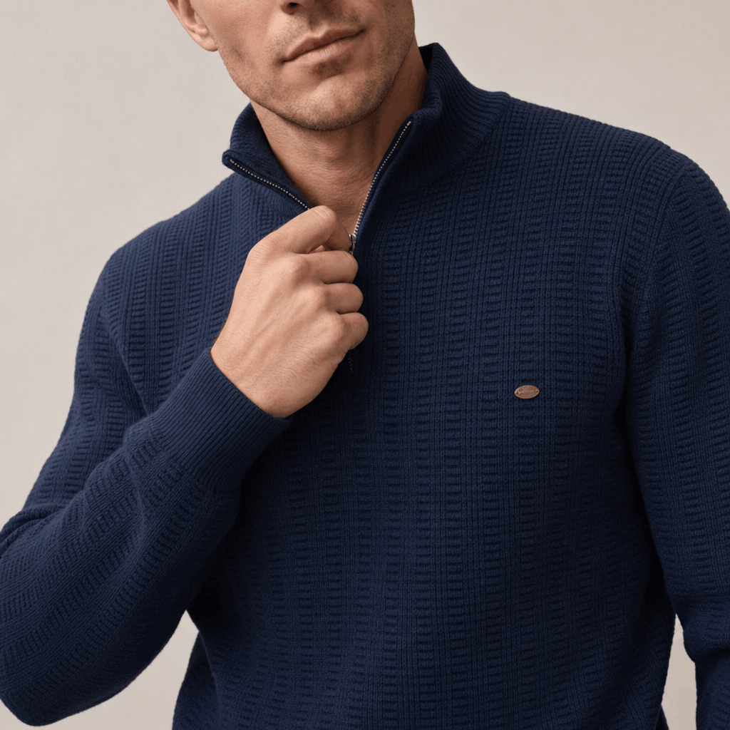 Close-up showing the half-zip collar and textured knit detail of the navy blue sweater.