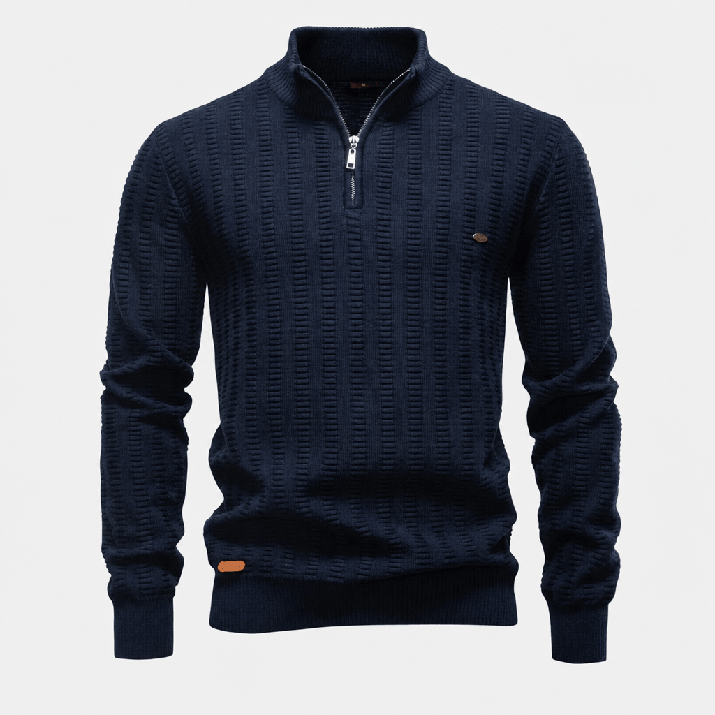 Navy blue textured half-zip sweater displayed on its own against a light background.