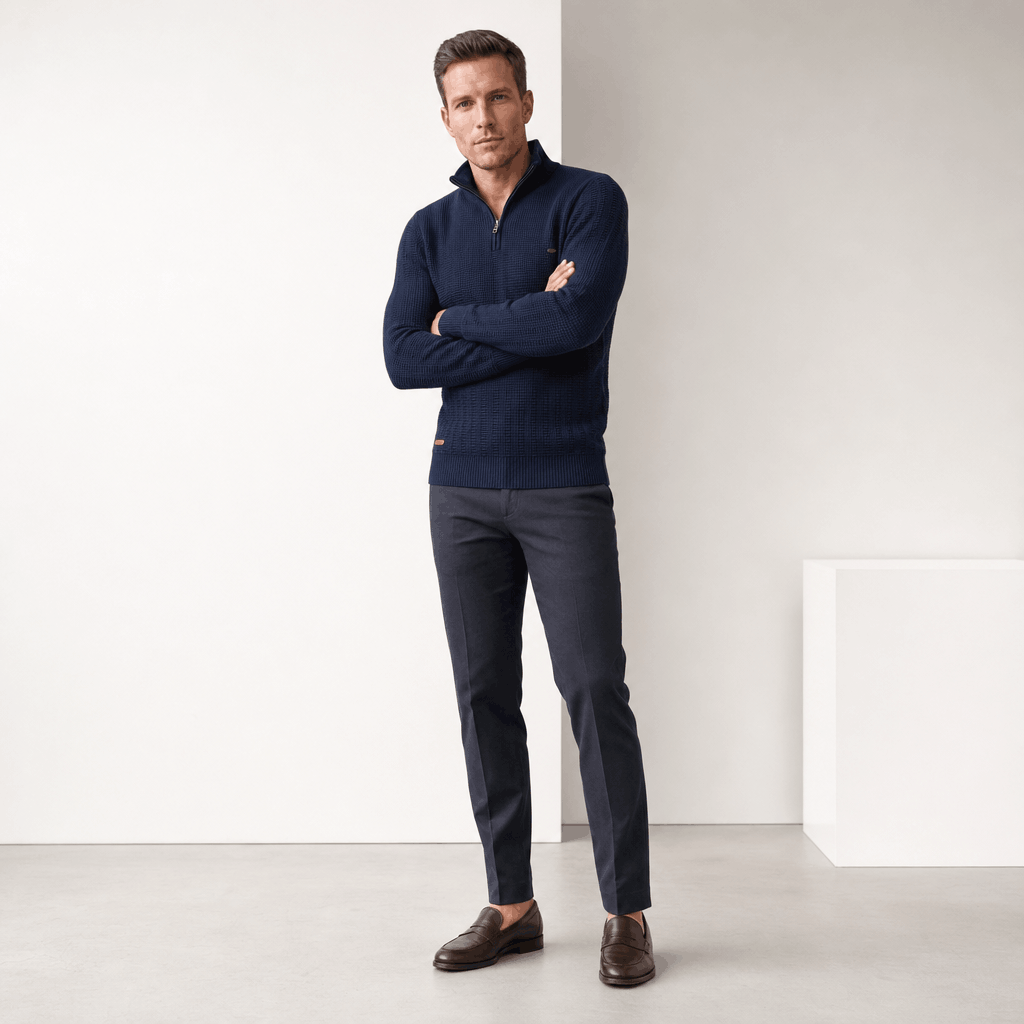 Full-body view of the man wearing the navy blue textured half-zip sweater with dark pants.