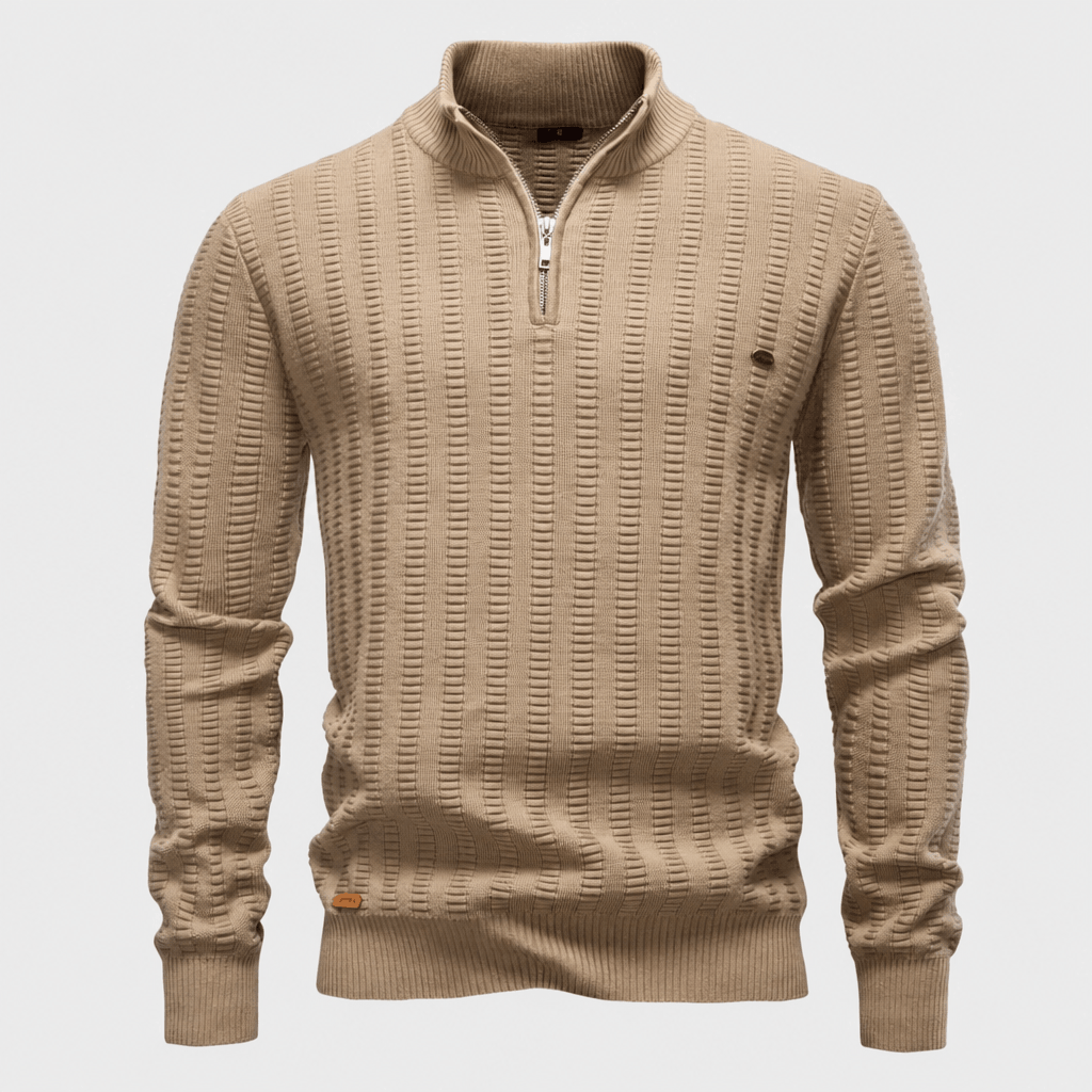 Beige textured half-zip sweater displayed on its own against a light background.