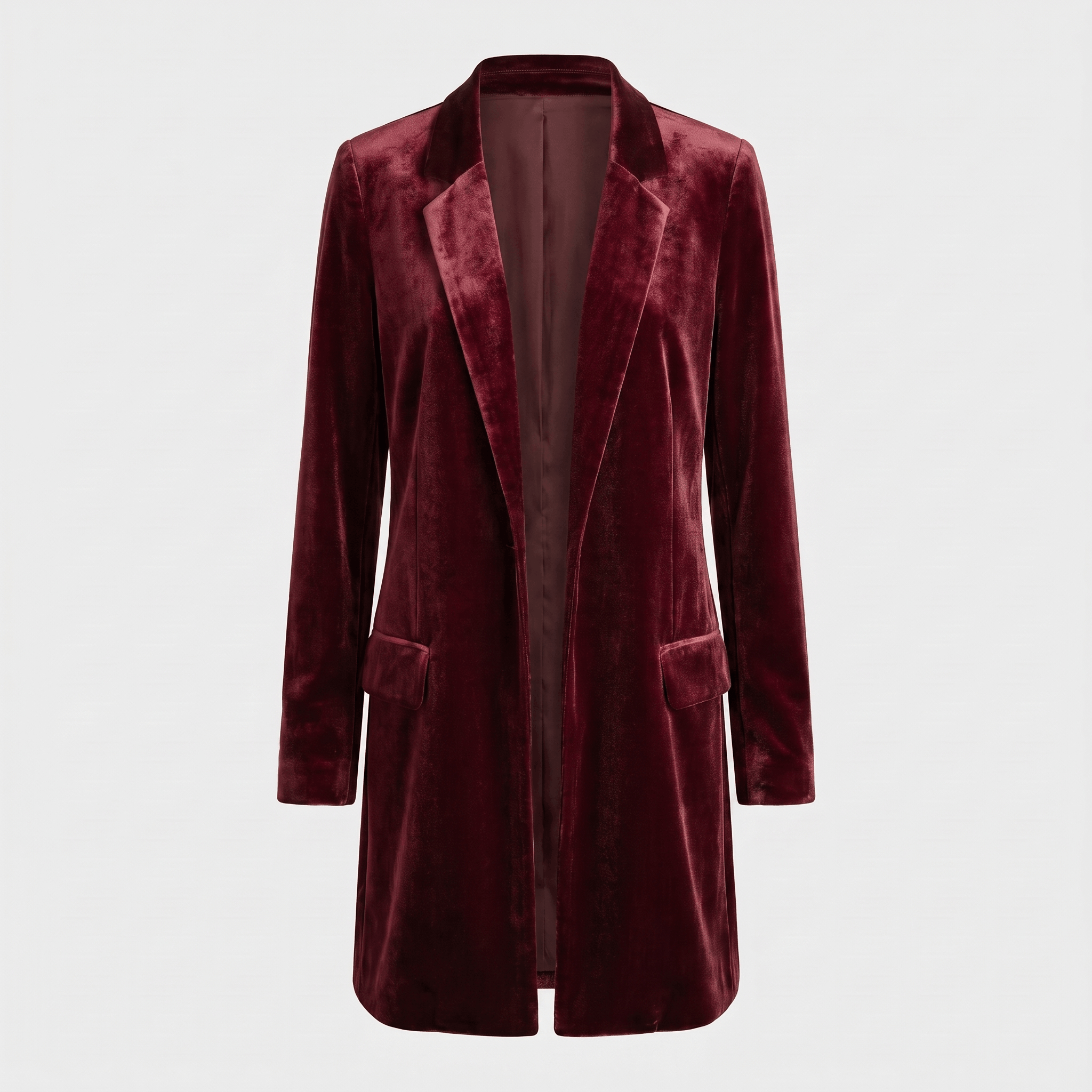 Burgundy velvet long blazer coat with a notched lapel, single-button closure, and long sleeves.
