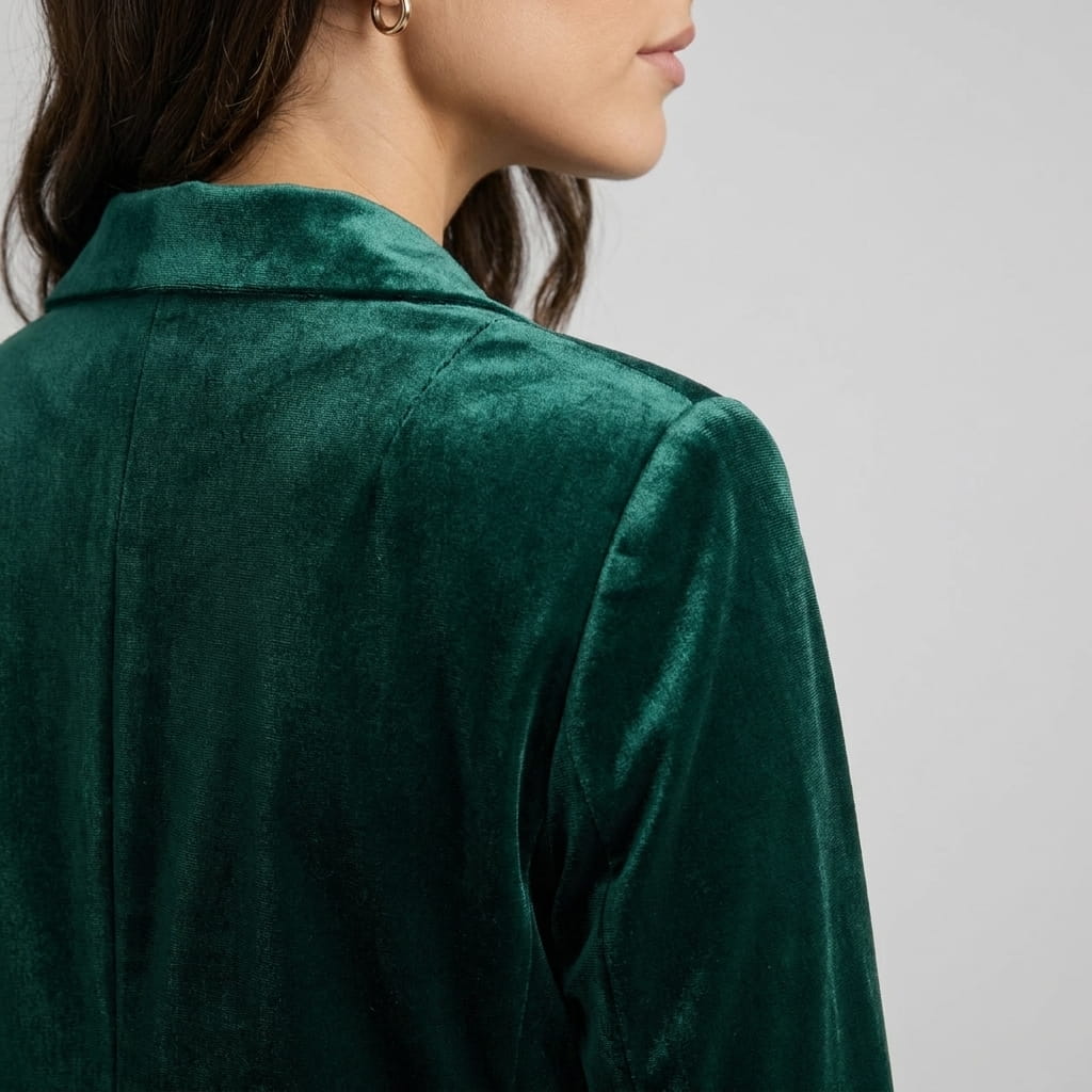 Detailed view of the dark green velvet coat, highlighting the soft textured fabric and collar.