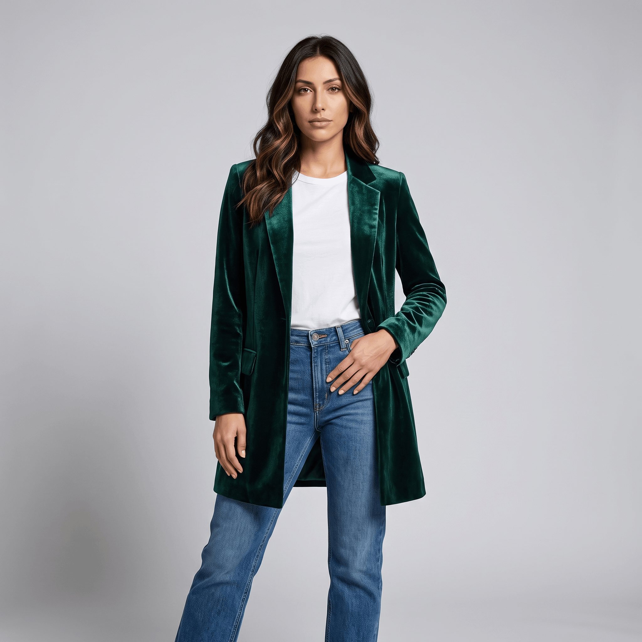 Female model wearing the dark green velvet blazer coat with a white top and blue jeans.
