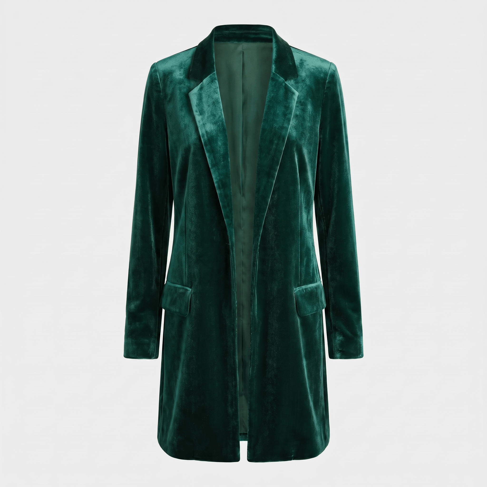 Dark green velvet long blazer coat with a notched lapel, single-button closure, and long sleeves.