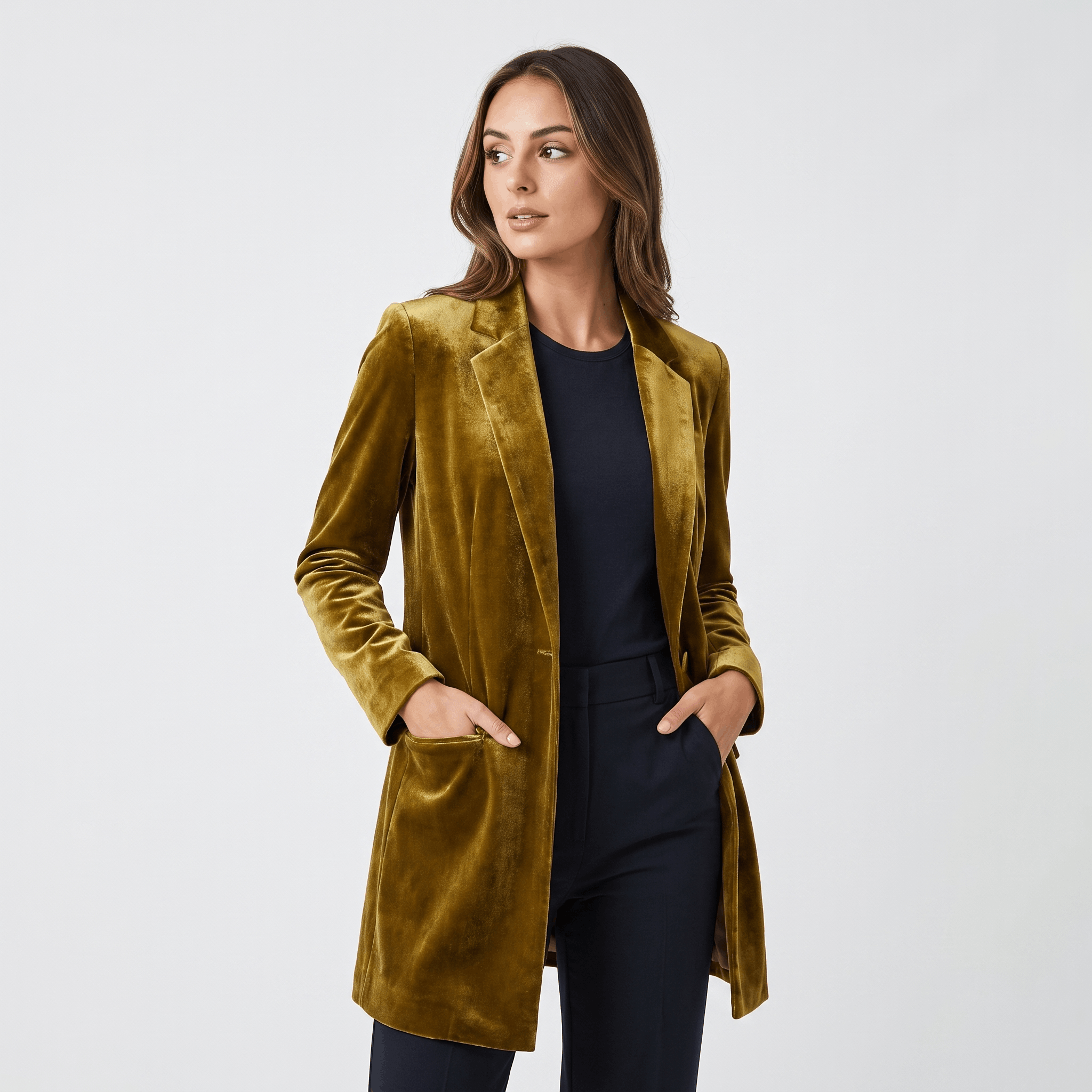 Female model wearing the mustard olive velvet blazer over a dark top with dark trousers.