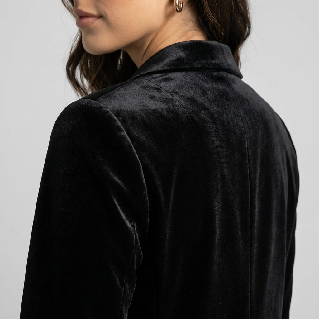 Detailed back and shoulder view of the black velvet coat, highlighting the textured fabric.