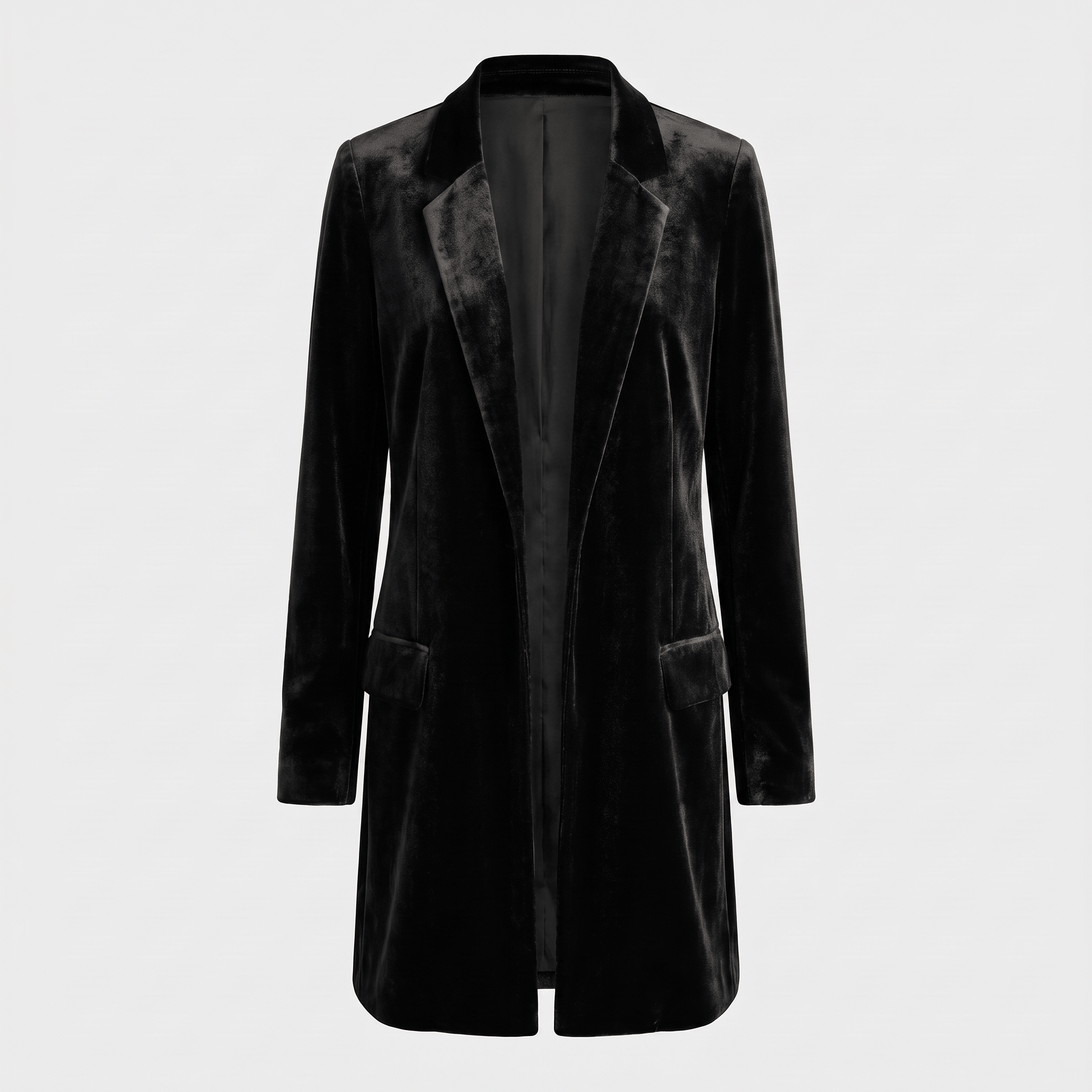 Black velvet long blazer coat with a notched lapel, single-button closure, and long sleeves.