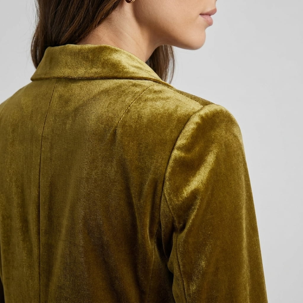 Detailed side and back view of the velvet blazer, highlighting the soft textured fabric and collar.