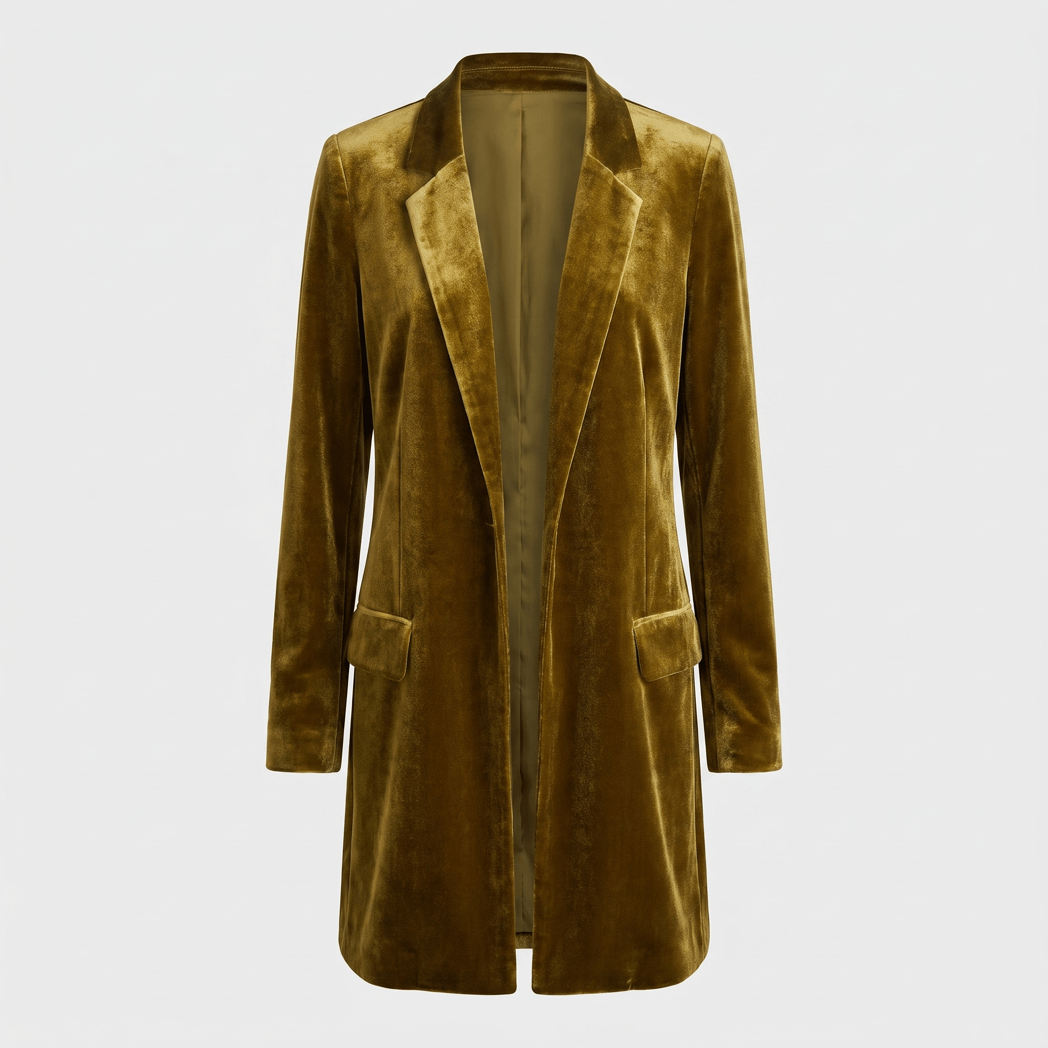 Mustard olive velvet blazer with notched lapels, single-button closure, front patch pockets, and long sleeves.