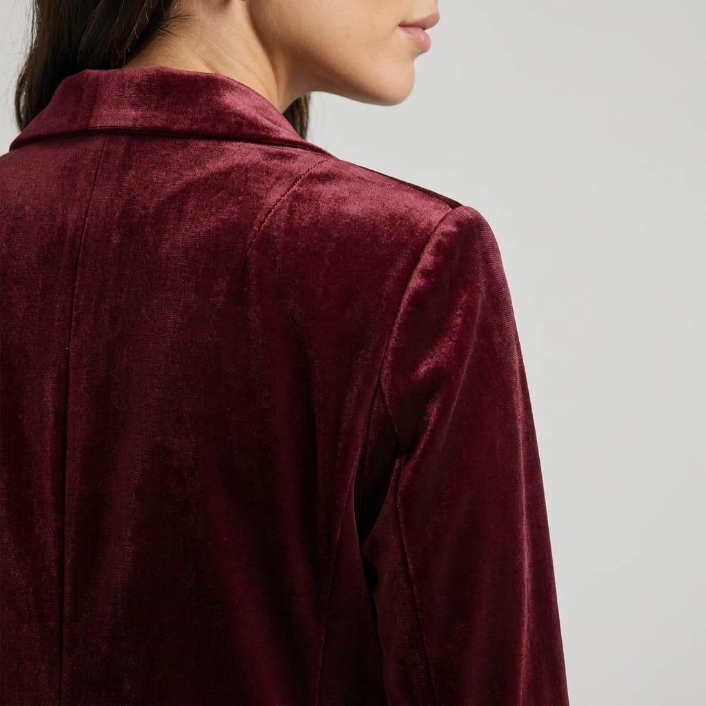 Detailed side and back view of the burgundy velvet blazer, highlighting the textured fabric and collar.