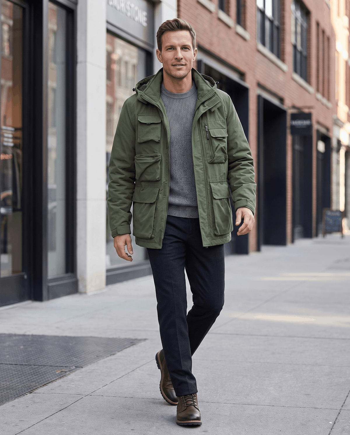A man wearing a green hooded parka jacket with warm padded lining and multiple front pockets, walking on a city street