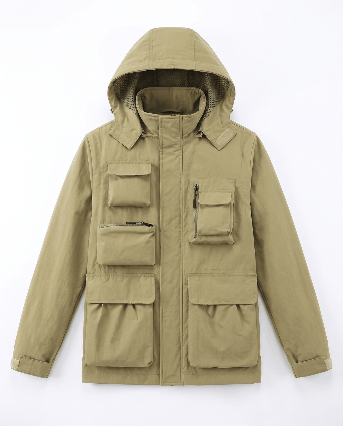 A khaki parka jacket with a hood, warm padded lining, and multiple front pockets, shown flat