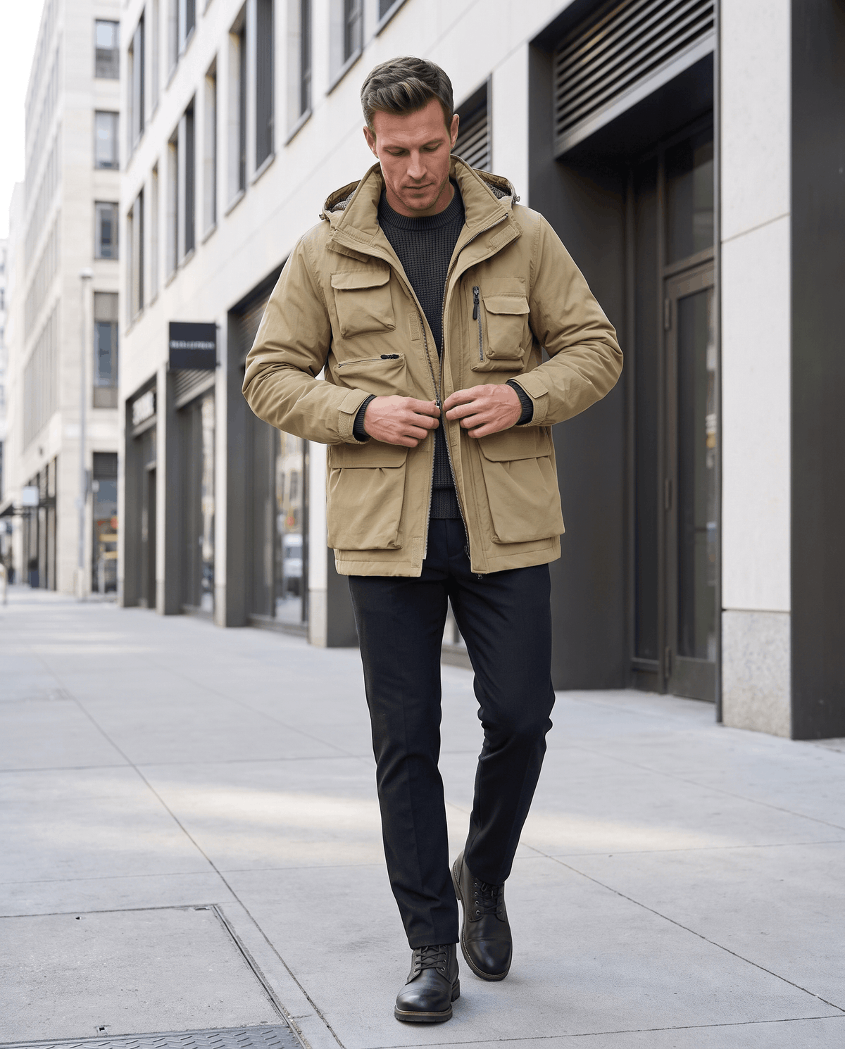 A man wearing a khaki hooded parka jacket with warm padded lining and multiple front pockets, walking on a city street