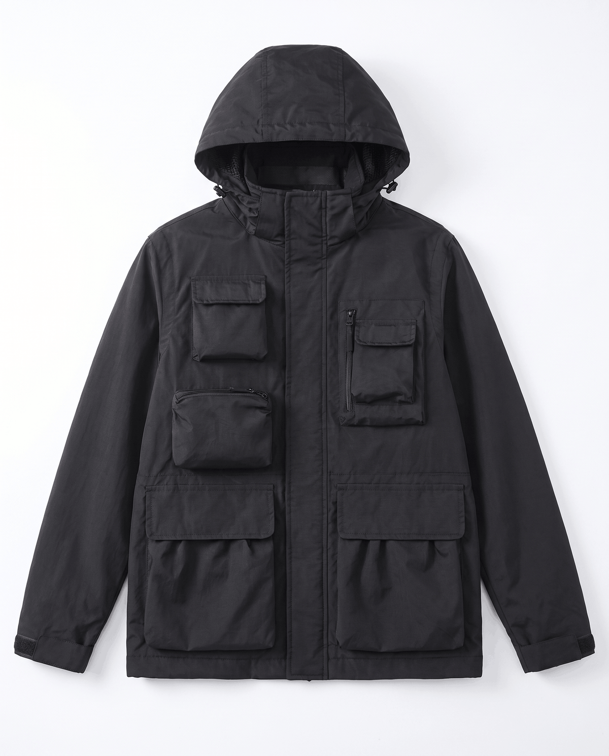 A black parka jacket for men with a hood, warm padded lining, and multiple front pockets, shown flat
