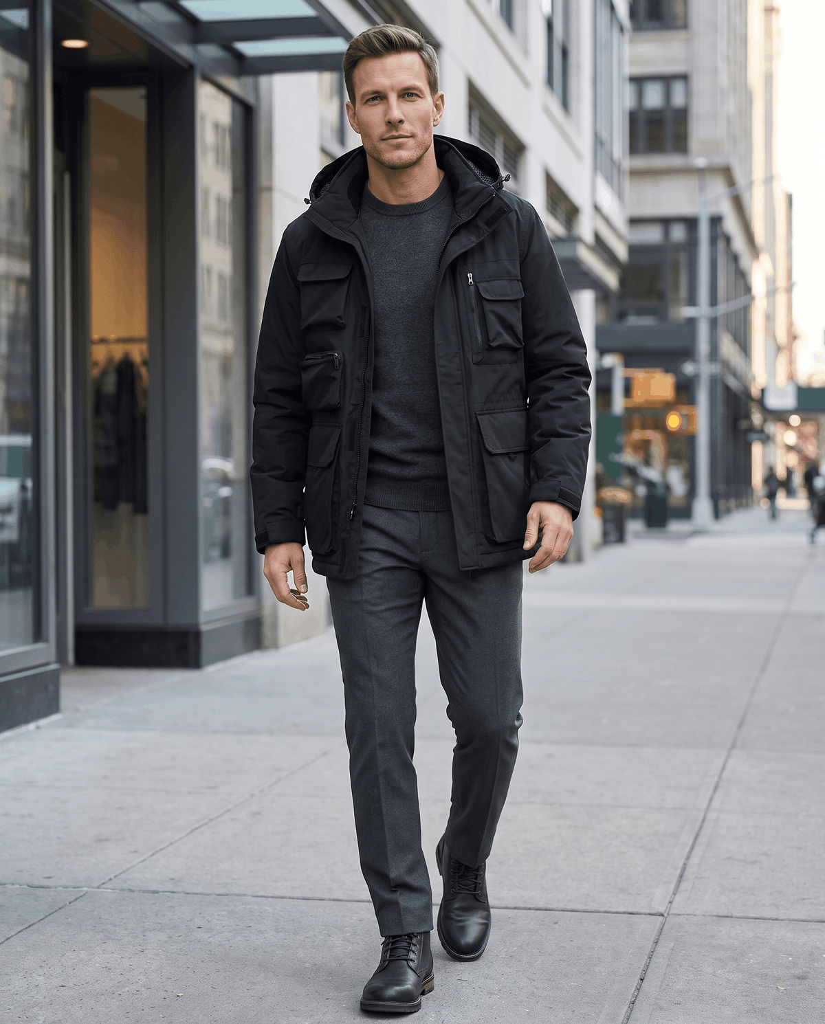 A man wearing a black hooded parka jacket with warm padded lining and multiple front pockets, walking on a city street