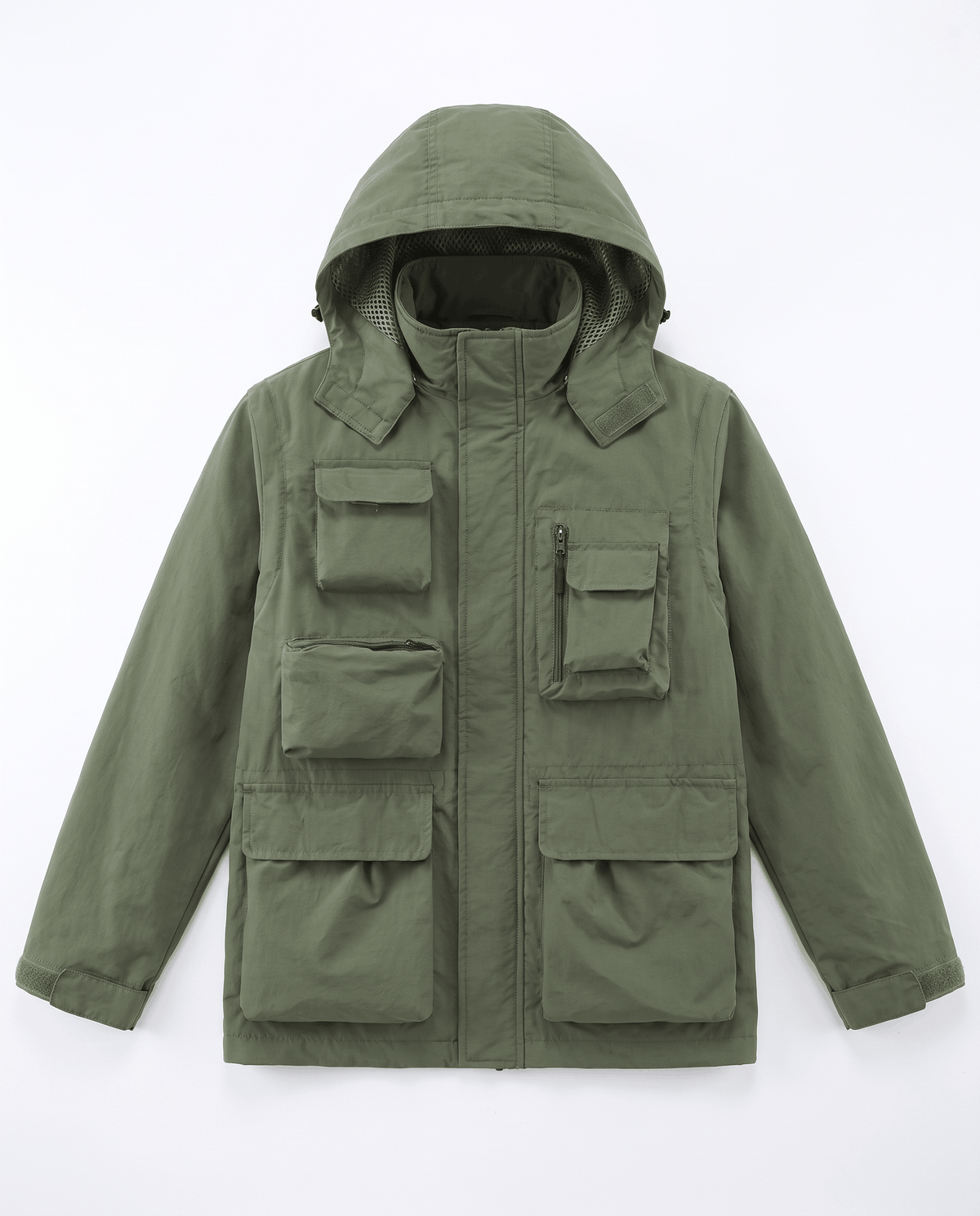 A green parka jacket for men with a hood, warm padded lining, and multiple front pockets, shown flat