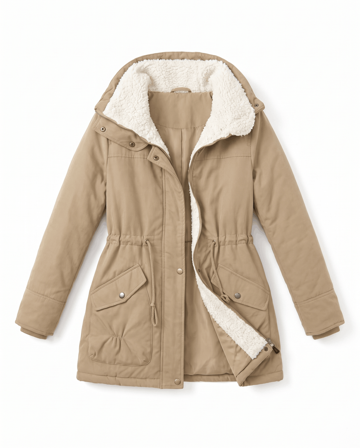 A beige mid-length parka jacket for women with plush lining, a hood, and adjustable waist, shown flat