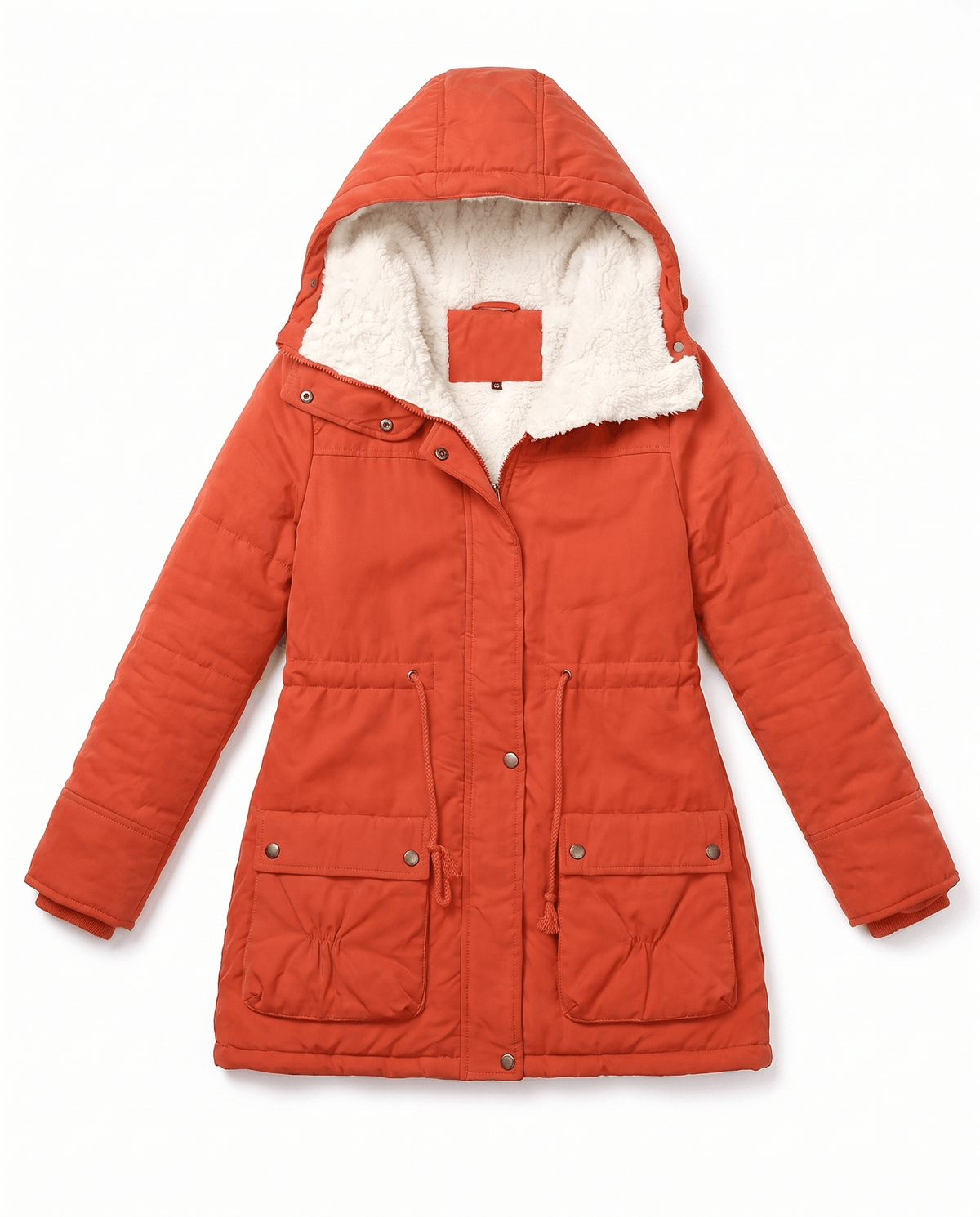 A red mid-length parka jacket for women with plush lining, a hood, and adjustable waist, shown flat
