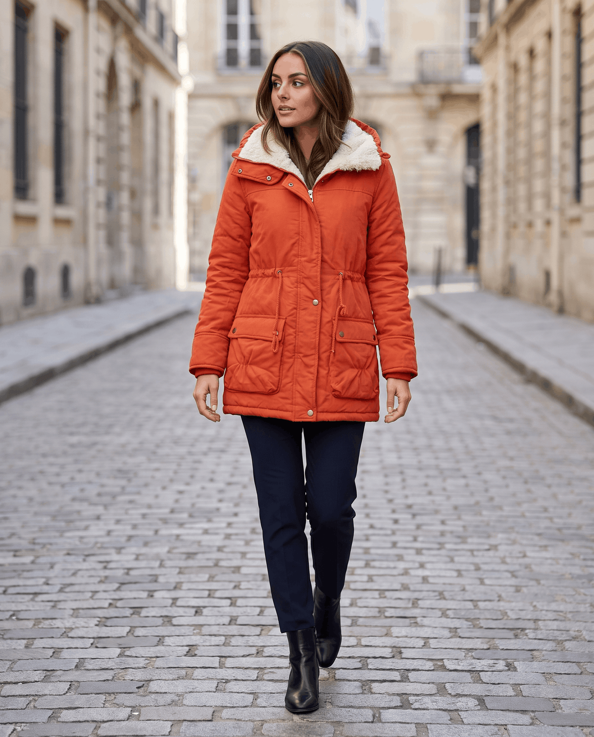 A woman wearing a red mid-length parka jacket with plush lining, a hood, and adjustable waist, walking on a city street