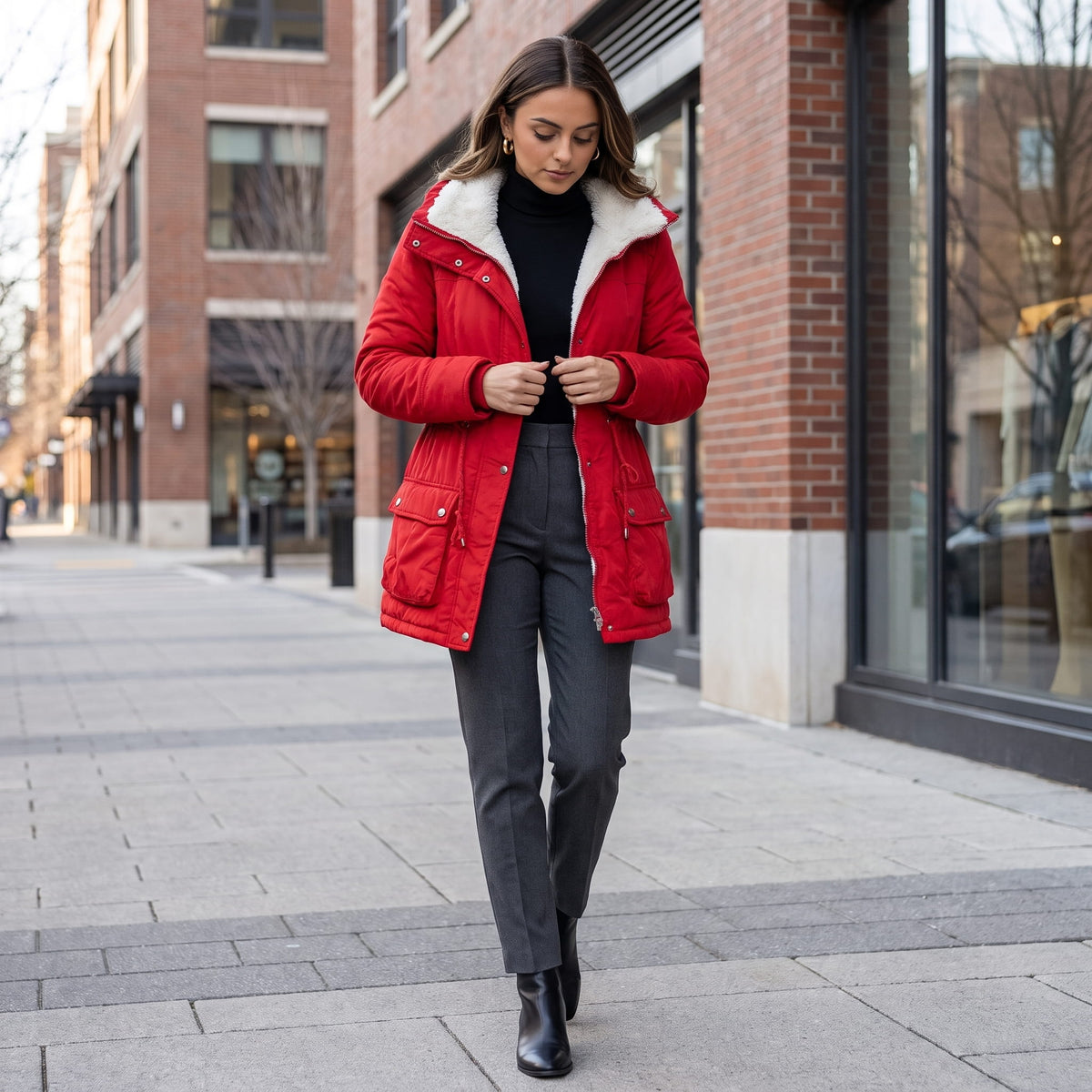 A woman wearing a red mid-length parka jacket with plush lining, a hood, and an adjustable waist, walking on a city street