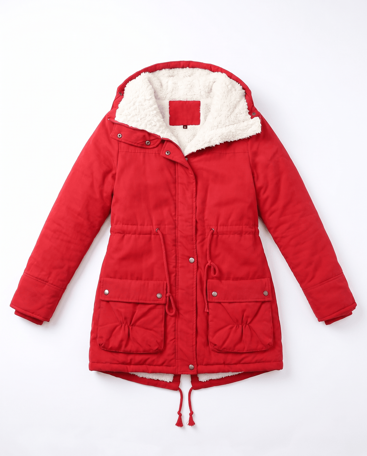 A red mid-length parka jacket for women with plush lining, a hood, and an adjustable waist, shown flat