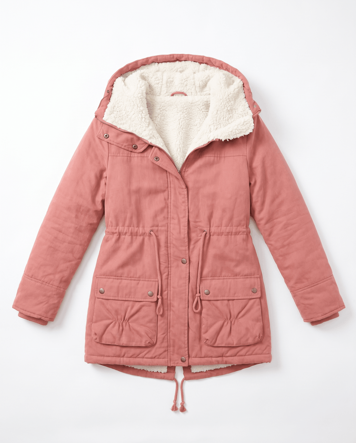 A pink mid-length parka jacket for women with plush lining, a hood, and adjustable waist, shown flat