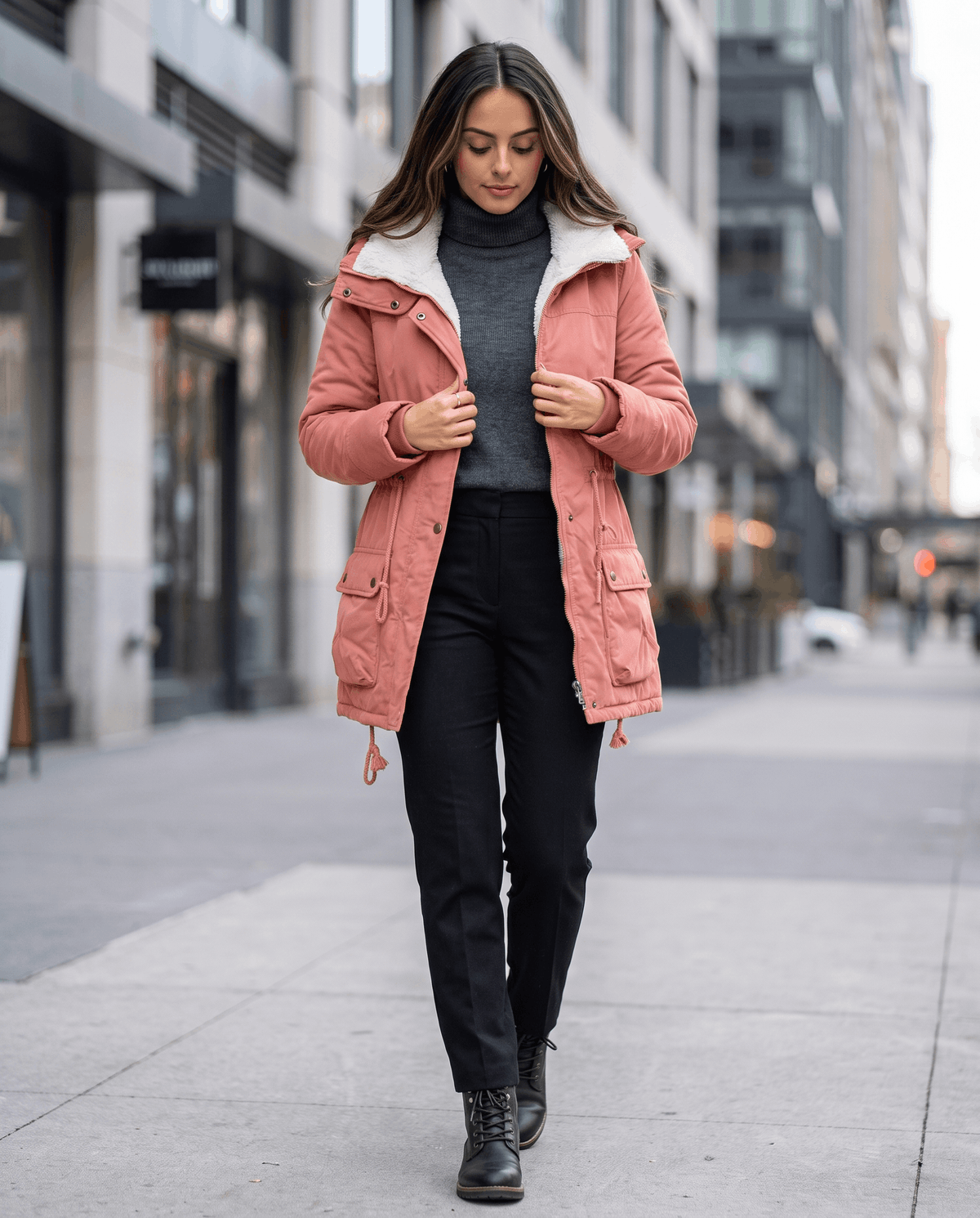 A woman wearing a pink parka jacket with plush lining, a hood, and adjustable waist, walking on a city street
