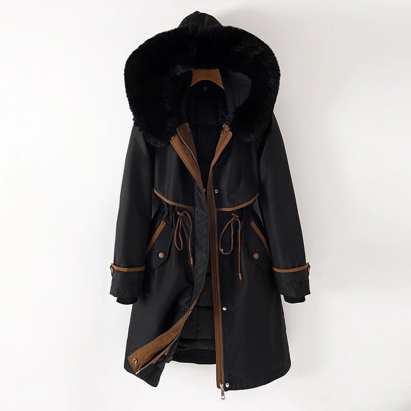 A black winter parka with a plush fur-trimmed hood, cozy lining, and adjustable drawstring waist, shown flat