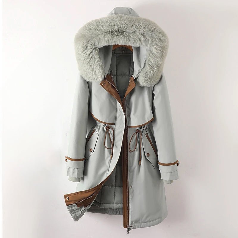 A light gray winter parka with a plush fur-trimmed hood, cozy lining, and adjustable waist, shown flat