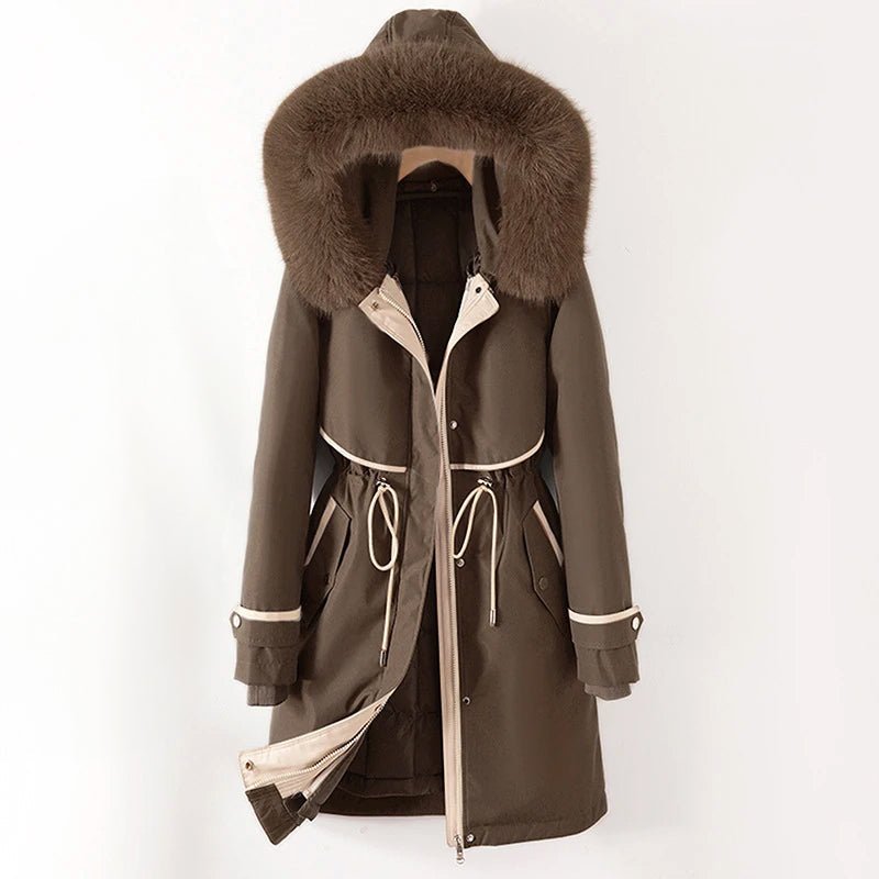 A brown winter parka with a plush fur-trimmed hood, cozy lining, and adjustable waist, shown flat