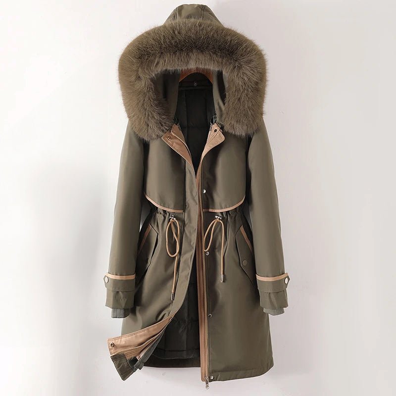 An olive green winter parka with a plush fur-trimmed hood, cozy lining, and adjustable waist, shown flat